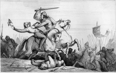 Conde Eudes defendendo Paris contra os normandos em 885 - Eudes (Odon) (860-898), dinastia carolíngia, lidera a batalha contra os normandos e defende vitoriosamente Paris (885 - 887) - Gravura de 1825 em "Histoire de France" representada por sinoptic paint