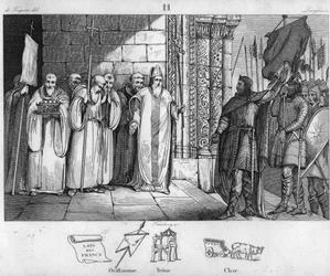 Dagobert 603 a 639 retirando a bandeira em St Denis - Dagobert I, rei dos Francos, tendo criado a abadia de Saint-Denis, tem a chama de orifício depositada ali por volta de 634 - Gravura de 1825 em "Histoire de France representada por pinturas sinópticas d