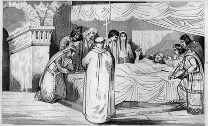 Morte de Pepin de Herstal (635-714) rodeado pela sua família - Morte de Pepin de Herstal (avô de Pepin le Brief), rodeia a sua família e na presença de Dagobert III (em 714) - Gravura de 1825 no "Histoire de France representado pela dor sinóptica