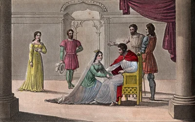 Emma da França (894-934) beijando os joelhos de seu marido Raoul (cerca de 890-936) que ela escolheu como rei durante o cativeiro de Carlos III o Simples - Desenho e sepultura por Ambroise Tardieu em 1825