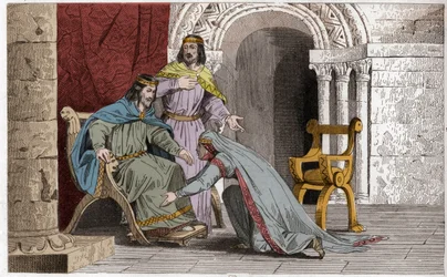 Emma beija o joelho de seu marido Raoul (d936) em reconhecimento de sua soberania - Emma de France (894-934) beijando os joelhos de seu marido Raoul (ca. 890-936) que ela escolheu como rei durante o cativeiro de Carlos III o Simples - Gravura de 1825 em