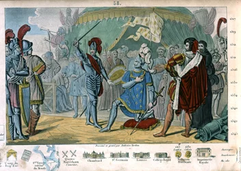 Francisco I da França pede para ser cavaleiro do Cavaleiro Bayard após vitória na Batalha de Marignano, Itália