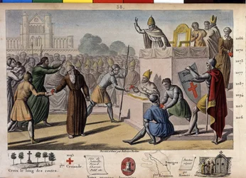 Deus o quer: no Concílio de Clermont (hoje Clermont Ferrand (Clermont-Ferrand), Auvergne), Pedro, o Eremita, prega a primeira cruzada perante o Papa Urbano II