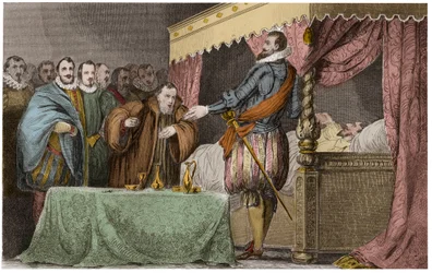 Henrique III (1551-1589), rei de França, reconhece no leito de morte Henrique de Navarra (Henrique IV) como seu legítimo sucessor - Saint-Cloud, 2 de agosto