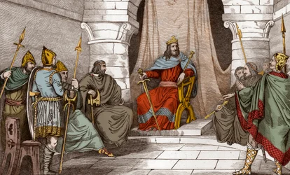 Rei Charibert (521-567) em Conselho com Magistrados - Caribert ou Cherebert, rei de Paris (561-567) que detém conselhos, ou ele fez justiça - Gravura de 1825 em "Histoire de France representado por pinturas sinópticas dedicadas às crianças da França e