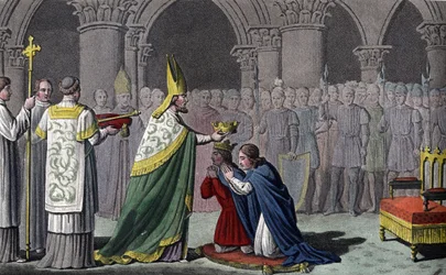 Luís III (863-82) e Carloman (865-84) coroados juntos - Luís III (v.863 - 882) e Carloman ( - 884) são sagrados e coroados no mesmo dia (em 879) na Abadia de Ferrières no Gâtinais - Desenhado e gravado por Ambroise Tardieu em 1825.