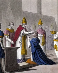Luís II foi consagrado pela segunda vez no Concílio de Troyes por João VIII em 879 (detalhe de 33595). Desenhado e gravado por Ambroise Tardieu em 1825.