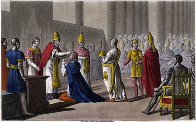 Luís II foi consagrado uma segunda vez no Concílio de Tróia por João VIII, em 879. Desenhado e gravado por Ambroise Tardieu em 1825.