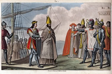 Louis IV de Outremer (Ultramar, Ultramar) (921-954), dinastia Carolíngia. Ele foi trazido de Inglaterra para a França por Guillaume, Arquéveque de Sens, para recuperar sob a tutela de Hugues, o Grande. - Desenho e sepultura por Ambroise Tardieu, em 1825.