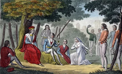 Luís IX, conhecido como "Saint-Louis" (1214-1270) fazendo justiça a todos os seus súbditos na madeira de Vincennes - Desenhado e gravado por Ambroise Tardieu em 1825.