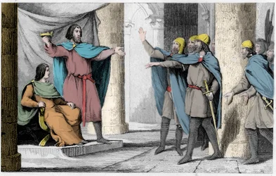 Luís V o Indolente mostra a sua coroa aos seus seguidores em 986 - Luís V le Faineant (c. 967-987), proclamado rei de França pela protecção de Hugues Capet, que se tornou rei de França, em 986 - Gravura de 1825 em "Histoire de France representado por sinop