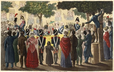 Luís XVIII (1755-1824) foi proclamado Rei pelo exército de Condé entre um pequeno número de súbditos leais a Paris em 1814 (Restauração) - Desenhado e gravado por Ambroise Tardieu em 1825.