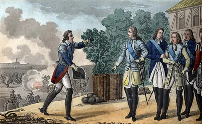 Luís XV (1710-1774). O Rei e o Delfim assistem à Batalha de Fontenoy, que foi muito importante para o resultado da guerra da Sucessão Austríaca. O Marechal da Saxônia venceu a Batalha de Fontenoy em 1748. - Desenhado e gravado por Ambroise Tard