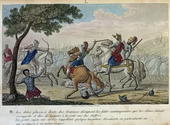 Merovee (447-458) desafia Átila nos Campos de Catalaunique, perto de Troyes, com Écio e Theodoric I. Ele é o rei presunçoso dos franco-salianos e deu seu nome à dinastia Merovingiana. - Desenho e sepultura por Ambrósio Tardieu em 1825.