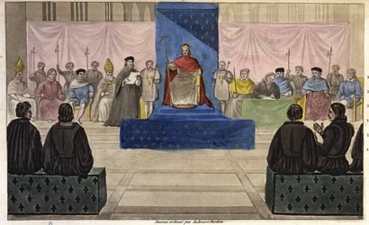Filipe IV reúne no Louvre o General das Fazendas, composto de clero, nobreza e burgueses proeminentes ou do terceiro estado que lhe foi admitido pela primeira vez em 1301 - Desenhado e gravado por Ambroise Tardieu em 1825.