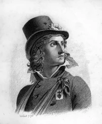 Retrato de Henri du Vergier, Conde de La Rochejaquelein (ou Verger de La Rochejacquelein) (1772-1794). Ele tem em seu peito a insígnia dos vendedores. - em" Retratos dos generais franceses seguindo as vitórias e conquistas dos franceses". Gravado