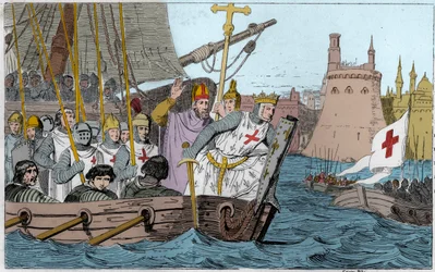 Sétima Cruzada: o rei São Luís (1214-1270) e os cruzados sitiando Damieta em junho de 1249 no Baixo Egito - Sétima Cruzada à Terra Santa 1248-50 - São Luís IX (1214-70) conduz as suas tropas em batalha - Gravura de 1825 em «Histoire de France repres»
