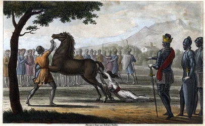 A morte da rainha Brunilda da Austrásia, uma princesa visigótica, casada com o rei Sigeberto I da Austrásia - Morte de Brunehaut (ou Brunehilde) ordenada por Clotário II (613). Desenho e gravura de Ambroise Tardieu, 1825.