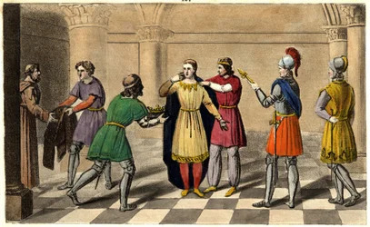 Thierry III é levado da abadia de Saint Denis para subir ao trono. Desenhado e gravado por Ambroise Tardieu em 1825.