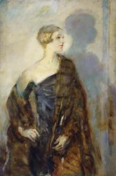 Retrato de Lady Abdy, comprimento de três quartos, vestindo um casaco de pele,