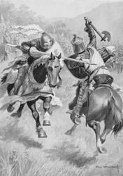 Encontro entre Robert Bruce (1274-1329) e Sir Henry de Bohun (1276-1322) ilustração das Batalhas Britânicas em Terra e Mar editadas por Sir Evelyn Wood (1838-1919) publicado pela primeira vez em 1915 (cor litho