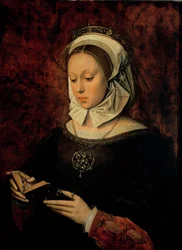 Jovem mulher lendo um livro de horas