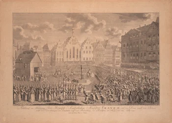 A procissão de coroação de Francisco II da Catedral de Frankfurt a Römerberg em julho de 1792