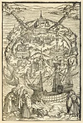 Mapa da Nova Ilha de Utopia de uma edição de 1518 de Utopia de Sir Thomas More (1478-1535), publicada pela primeira vez em 1516. Xilogravura de Ambrosius Holbein (c. 1494-c. 1519) mostrando a ilha com os protagonistas