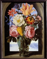 Bouquet de flores numa moldura de pedra que se abre sobre uma paisagem Pintura de Ambrosius Bosschaert (1573-1621)