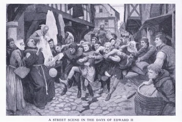 Uma cena de rua nos dias de Edward II, de Cassells História do Povo Britânico publicado pela Waverley Book Company Limited, c.1940