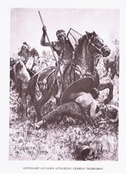 Cavalaria auxiliar atacando tribos alemãs, ilustração de O soldado romano, 1928