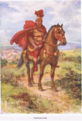 Imperator: origianally, como aqui, o general romano vitorioso foi saudado por seus soldados no campo. Mais tarde, o título foi reservado apenas para os imperadores, ilustração de The Roman Soldier, 1928 (colou