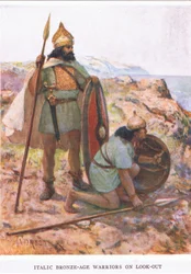 Guerreiros da Idade do Bronze Itálico em alerta, ilustração do 