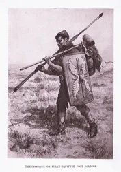 O Impeditus ou soldado de infantaria totalmente equipado, ilustração de The Roman Soldier, 1928