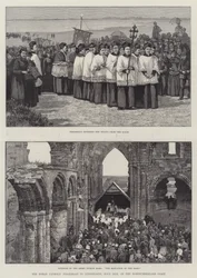 A peregrinação católica romana a Lindisfarne, Holy Isle, na costa de Northumberland