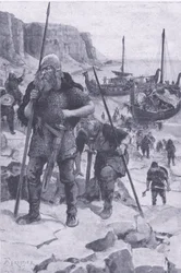 Os Vikings encontram a América, de My Magazine, pub.1922 (litho)
