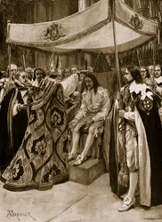 A unção de Carlos I por George Abbot, Arcebispo de Canterbury, na Abadia de Westminster, no Candlemas Day, 1626, de "The Illustrated London News", 1902