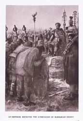 O imperador recebe a submissão de chefes bárbaros, ilustração do soldado romano, 1928