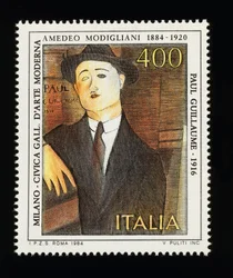 Selo postal da série de arte italiana em homenagem a Amedeo Modigliani (1884-1920), retrato de Paul Guillaume (1916), selo de 400 litros