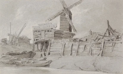 Moinho de vento e pátio do barco, c.1803 (carvão, lápis e lavagem)