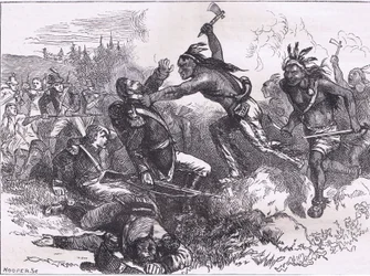 Ataque dos índios em Fort Dearborn, ilustração de Cassells History of the United States publicada por Cassell, Petter & Galpin, c.1900 (litho)
