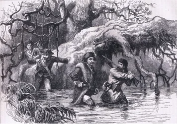 Clarke e seus soldados atravessando o Wabash, ilustração de Cassell History of the United States publicada por Cassell, Petter & Galpin, c.1900 (litho)