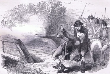 Morte de Isaac Davis, ilustração de Cassell History of the United States publicada por Cassell, Petter & Galpin, c.1900 (litho)