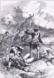Morte do Major Pitcairn, ilustração de Cassells History of the United States publicada por Cassell, Petter & Galpin, c.1900 (litho)