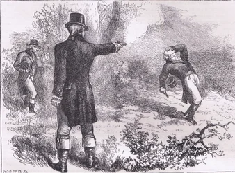 Duelo entre Burr e Hamilton, ilustração de Cassells History of the United States publicada por Cassell, Petter & Galpin, c.1900 (litho)