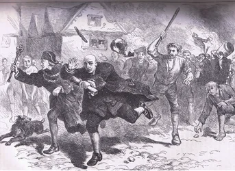 Vôo de Hutchinson antes dos manifestantes 1766, ilustração de Cassells History of the United States publicada por Cassell, Petter & Galpin, c.1900