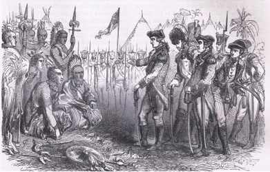General Burgoyne dirigindo-se aos índios, ilustração de Cassells History of the United States publicada por Cassell, Petter & Galpin, c.1900 (litho)