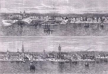 Nova Iorque em meados do século XIX, ilustração de Cassell History of the United States publicada por Cassell, Petter & Galpin, c.1900 (litho)
