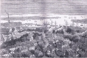 Vista de Boston por Bunkers Hill, ilustração de Cassells History of the United States publicada por Cassell, Petter & Galpin, c.1900 (litho)