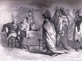 Visita de Pontiac e dos índios ao Major Gladwin 1763, ilustração de Cassell History of the United States publicada por Cassell, Petter & Galpin, c.1900 (litho)
